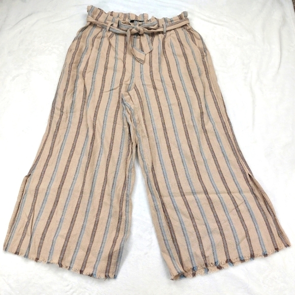 Rewash Pants - REWASH WOMEN'S TAN LINEN BLEND WIDE LEG BLUE STRIPE PULL ON CAPRI PANTS SIZE L
